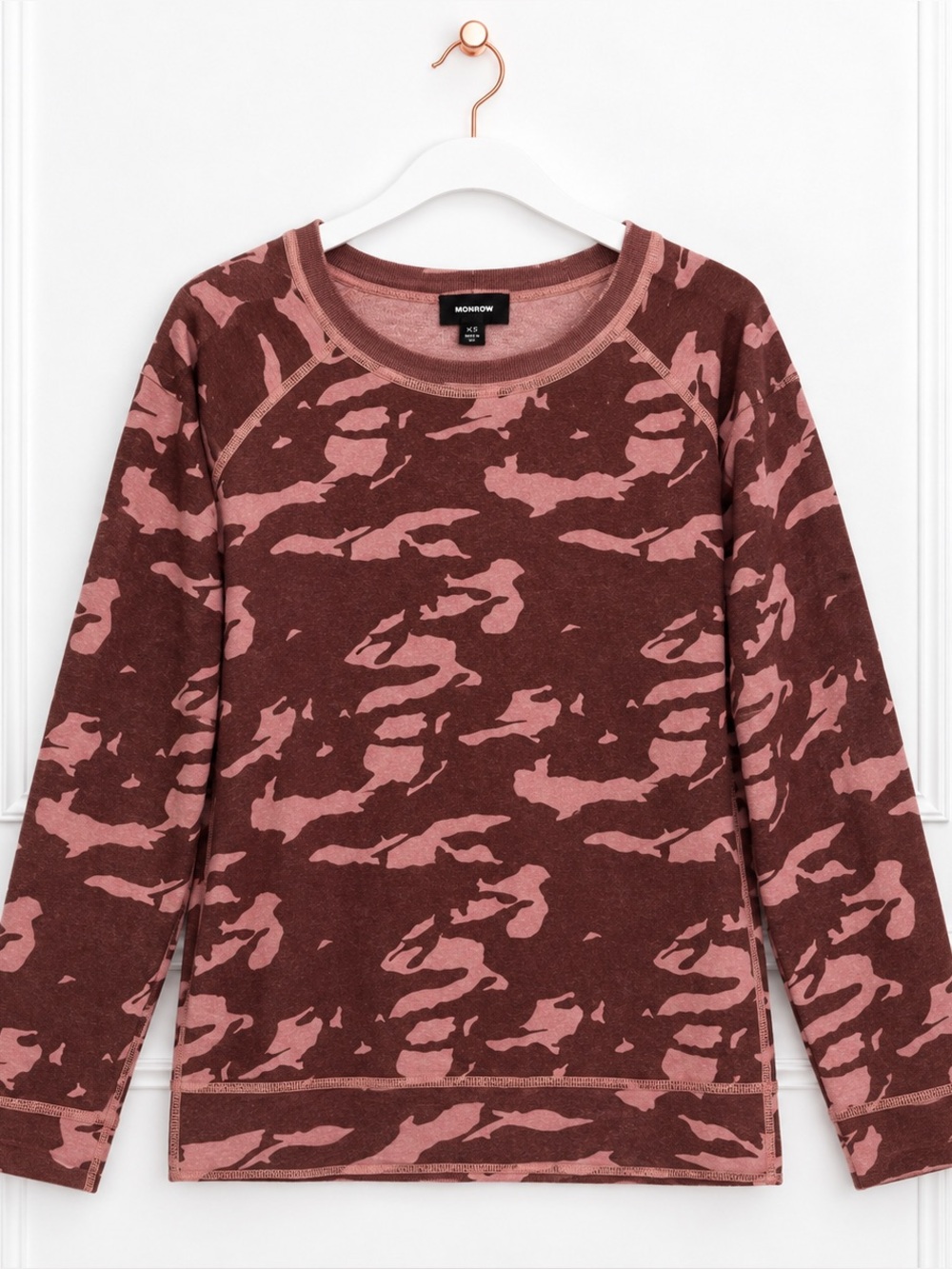 Monrow $128 XS Maroon Pink Camo Camouflage Boyfriend Lightweight Sweatshirt